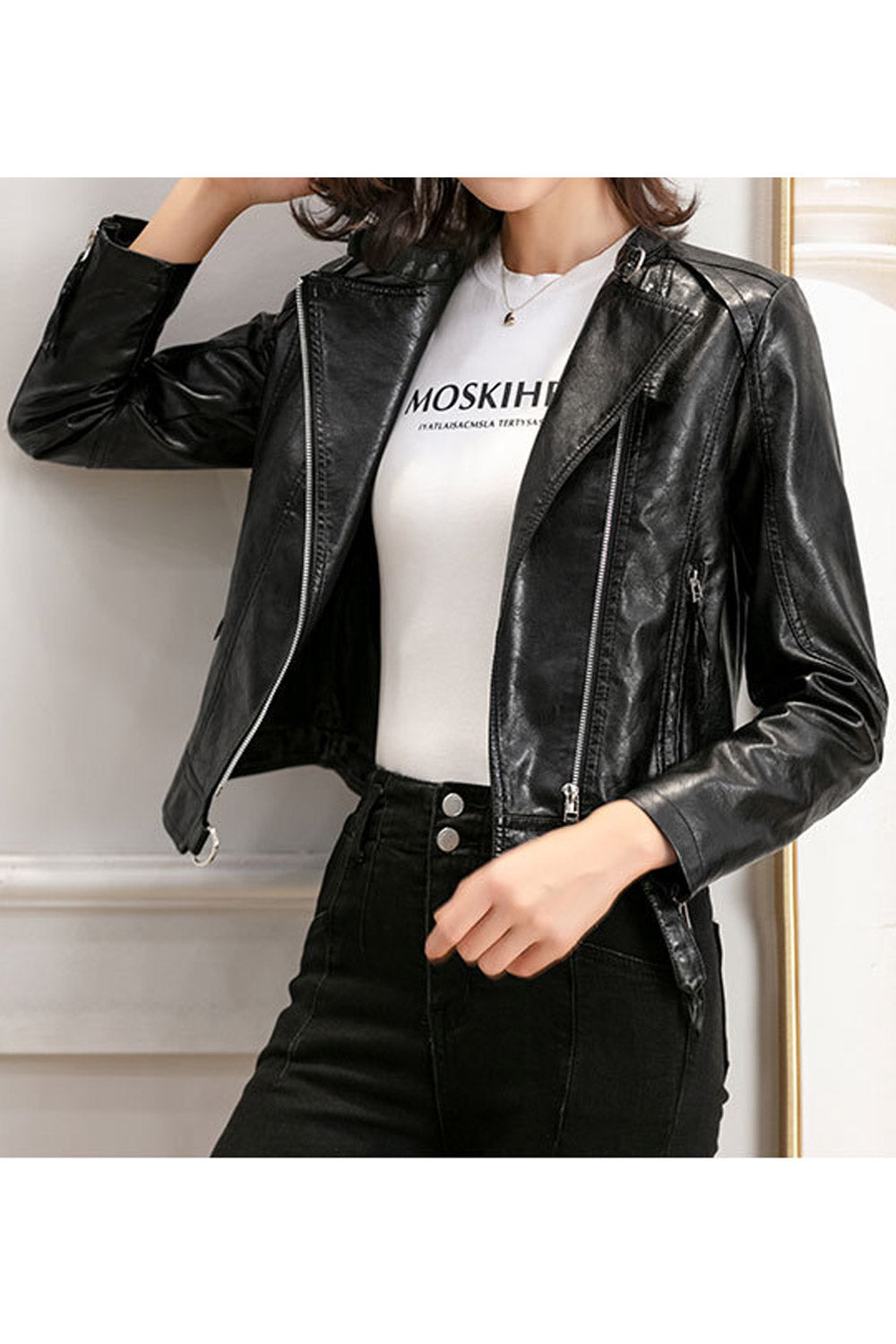 Women Decent Stand Collar Neck Long Sleeves Waist Belt & Buckle Dilute Leather Jacket