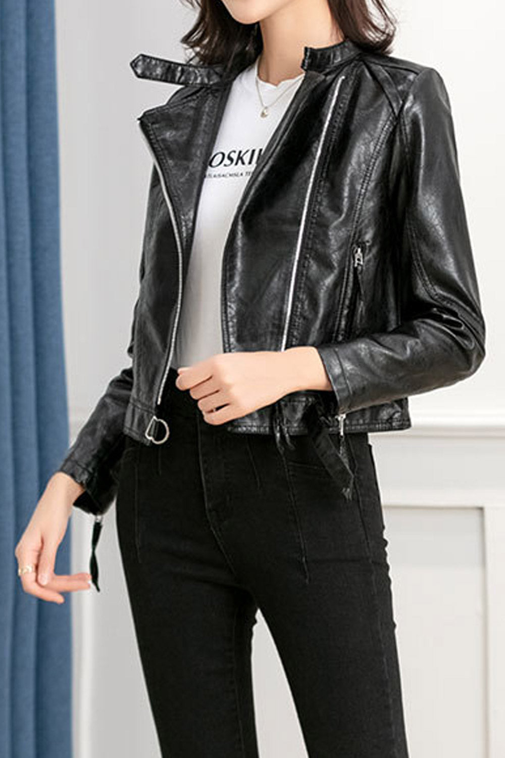 Women Decent Stand Collar Neck Long Sleeves Waist Belt & Buckle Dilute Leather Jacket
