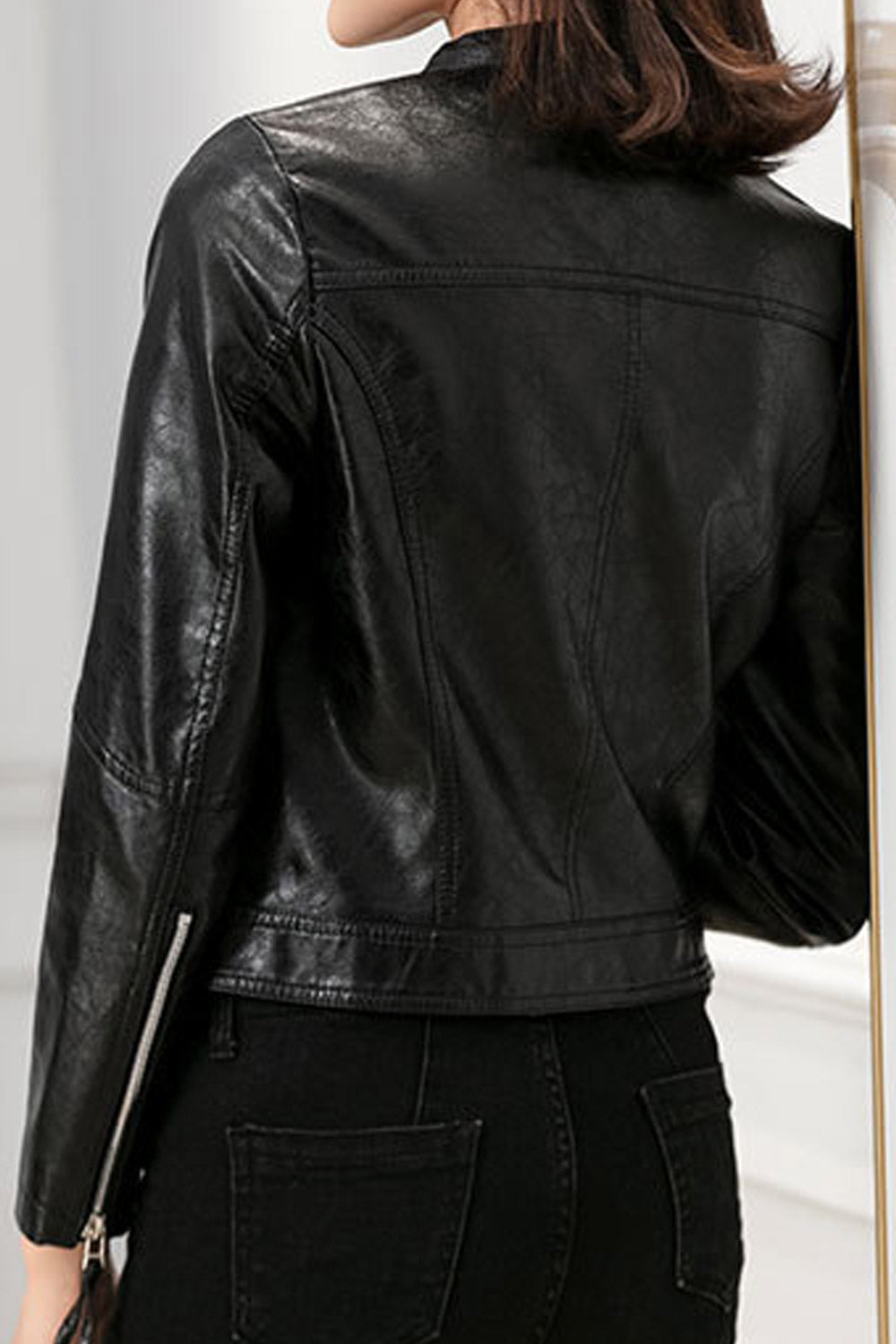 Women Decent Stand Collar Neck Long Sleeves Waist Belt & Buckle Dilute Leather Jacket