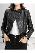 Women Decent Stand Collar Neck Long Sleeves Waist Belt & Buckle Dilute Leather Jacket