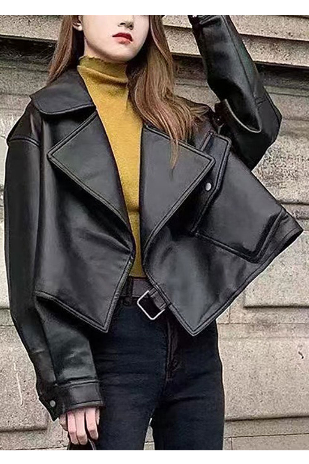 Women Fancy Collar Neck Solid Pattern Closure Modern Winter Leather Jacket