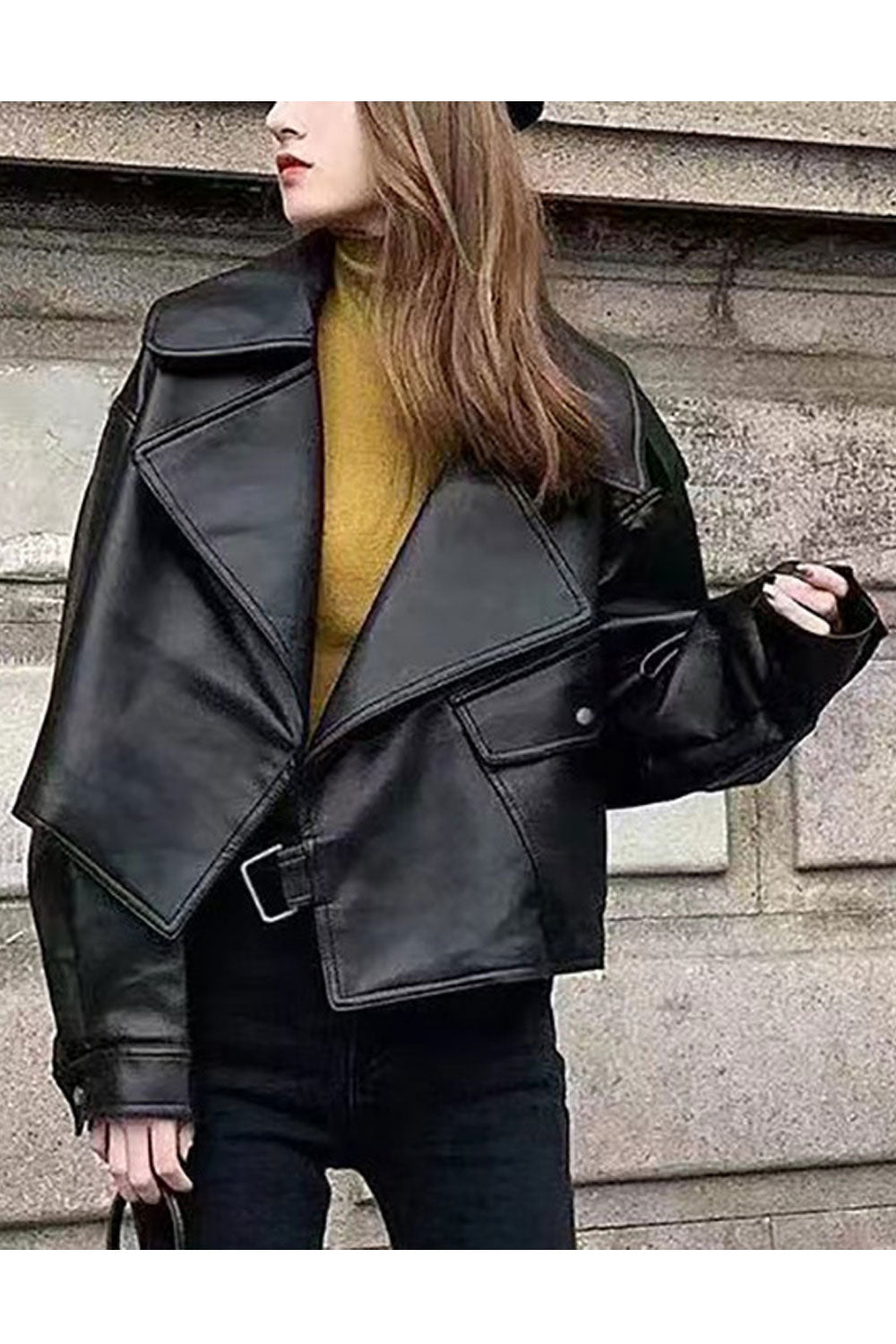Women Fancy Collar Neck Solid Pattern Closure Modern Winter Leather Jacket