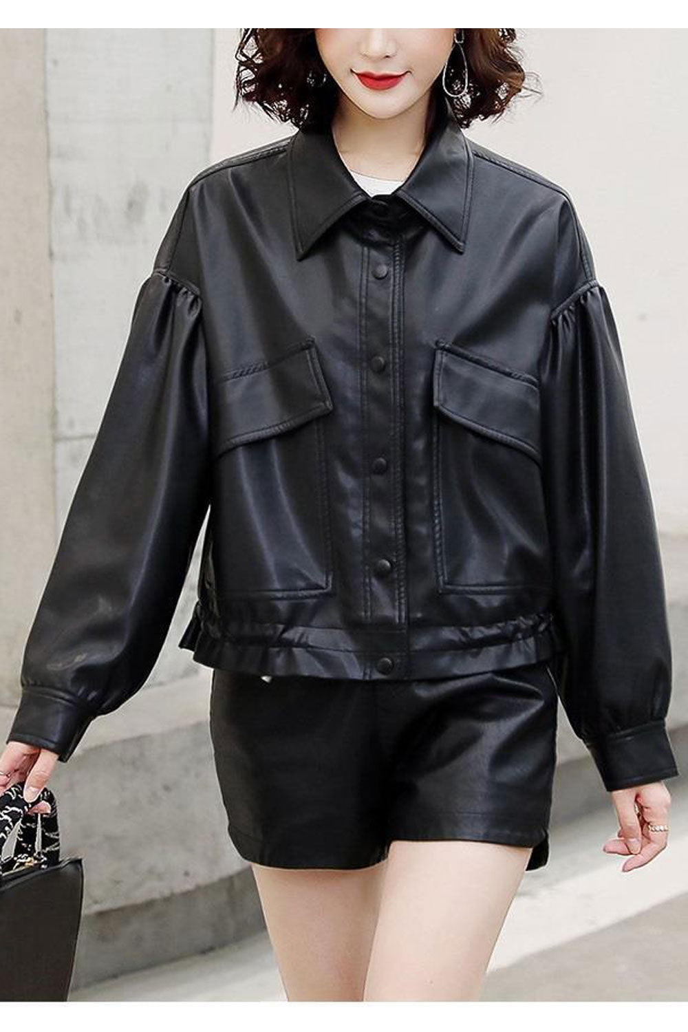 Women Restful Snap Button Closure Collar Neck Big Stoarge Flap Pockets Fashionable Winter Leather Jacket