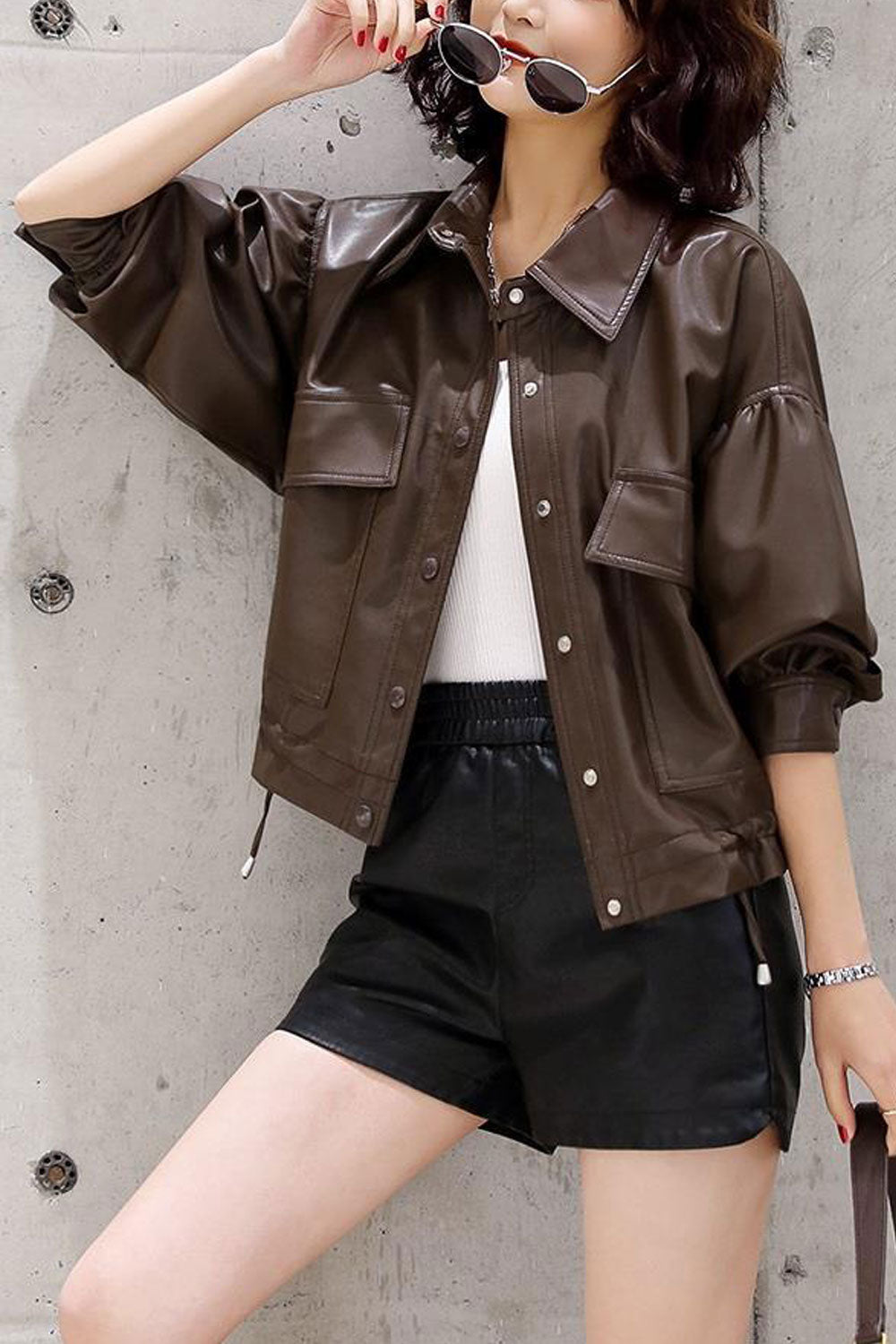 Women Restful Snap Button Closure Collar Neck Big Stoarge Flap Pockets Fashionable Winter Leather Jacket