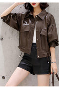 Women Restful Snap Button Closure Collar Neck Big Stoarge Flap Pockets Fashionable Winter Leather Jacket