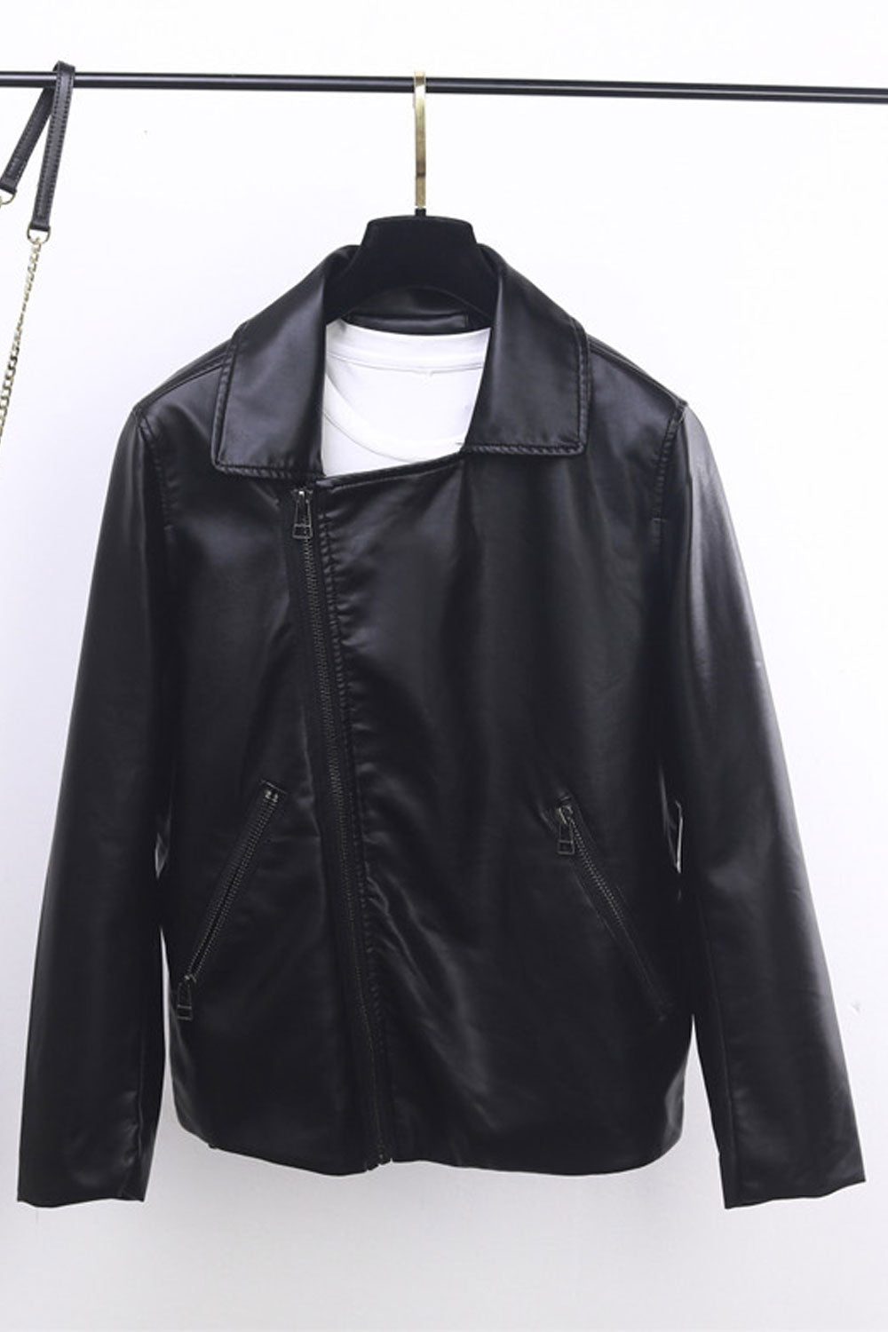 Women Charcoal Lapel Collar Side Zippered Pocket & Cross Zipp Fastener Model Style Leather Jacket