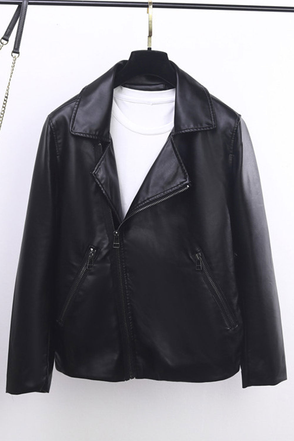 Women Charcoal Lapel Collar Side Zippered Pocket & Cross Zipp Fastener Model Style Leather Jacket
