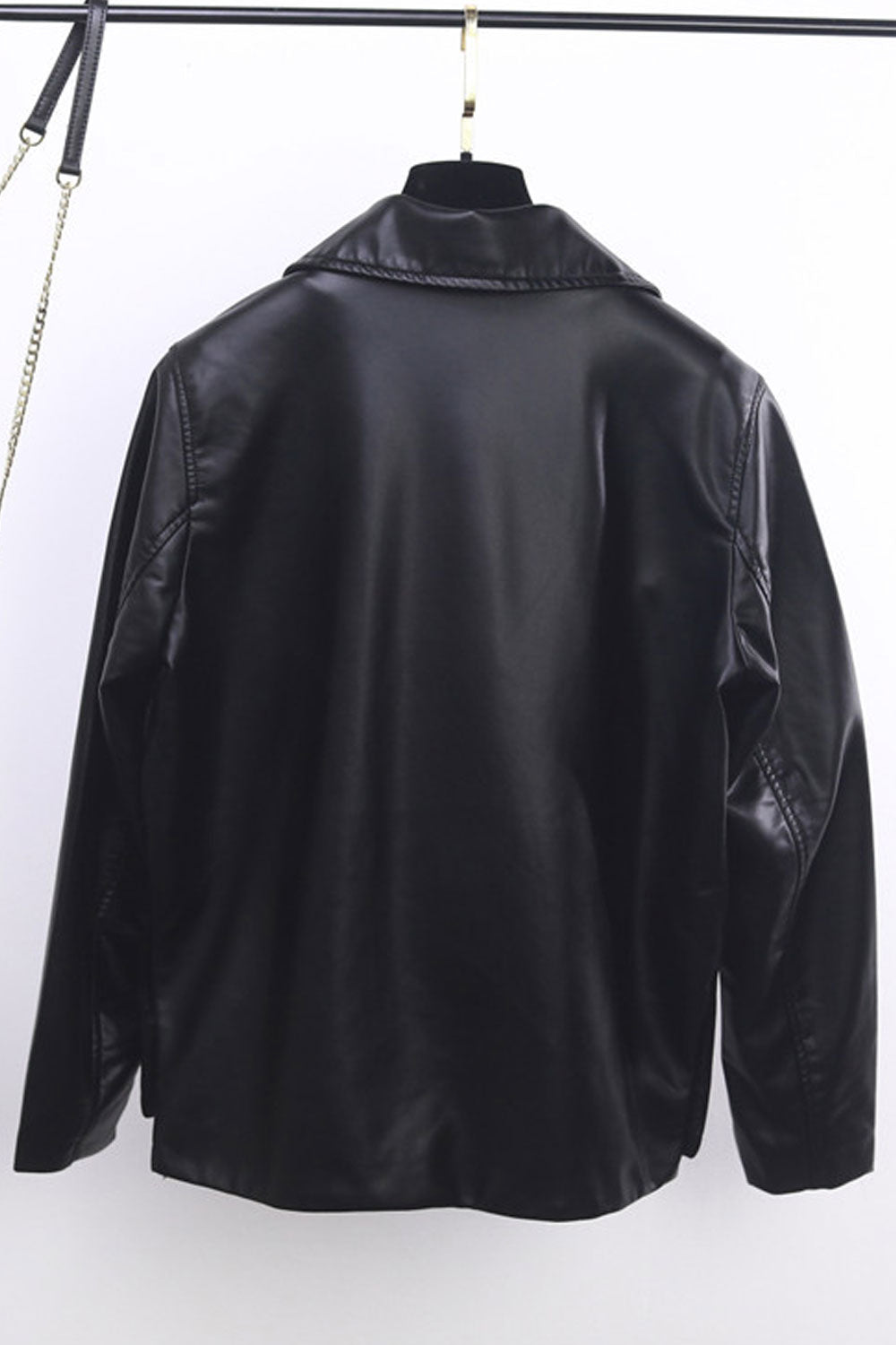 Women Charcoal Lapel Collar Side Zippered Pocket & Cross Zipp Fastener Model Style Leather Jacket