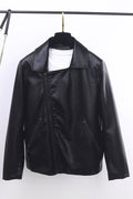 Women Charcoal Lapel Collar Side Zippered Pocket & Cross Zipp Fastener Model Style Leather Jacket