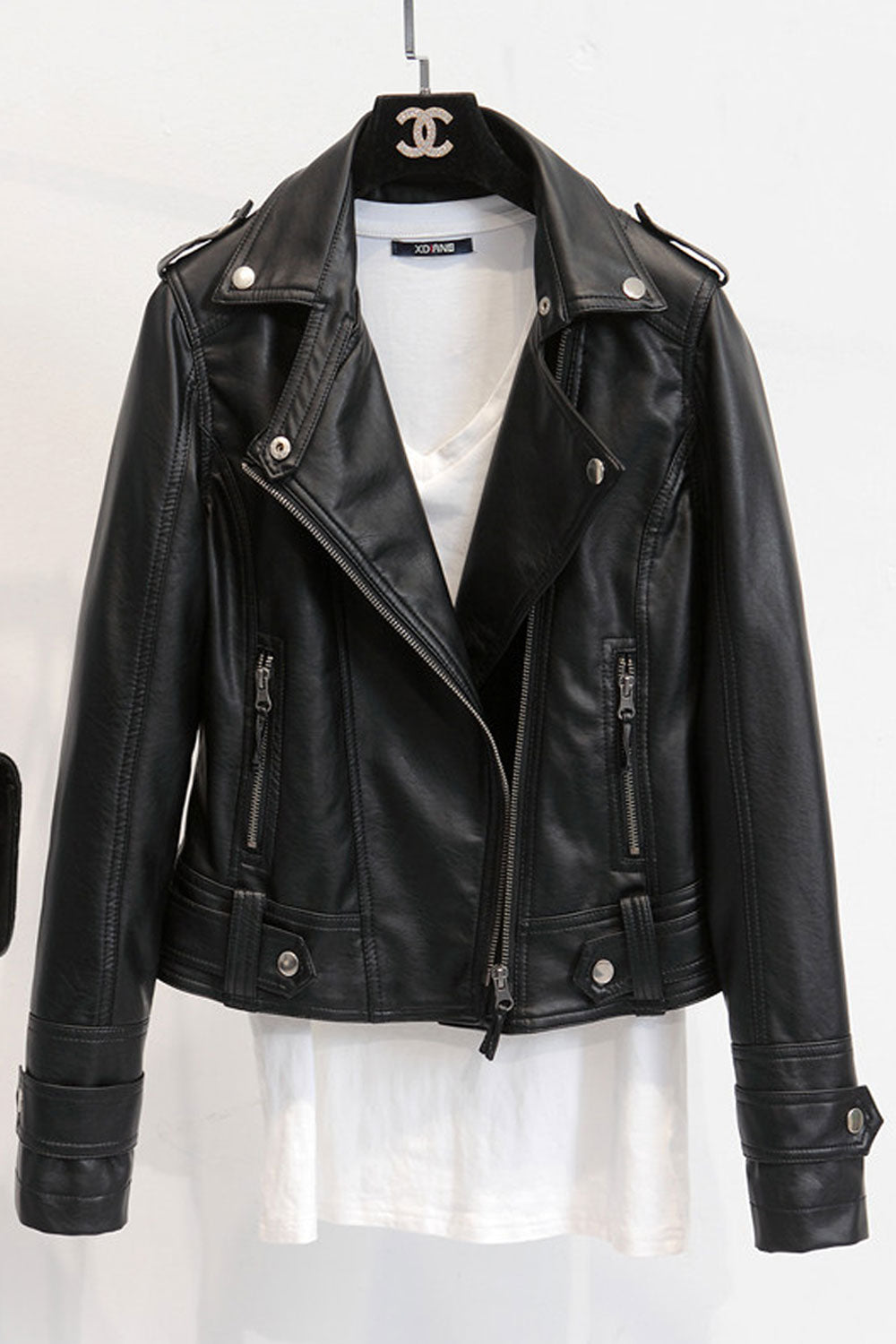 Women Stylish Lapel Collar Loose Long Sleeves Side Zippered Pocket Stunning Winter Leather Jacket