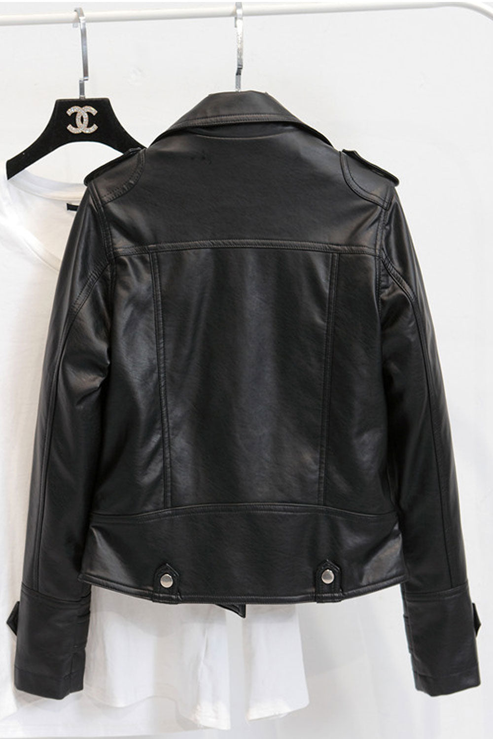 Women Stylish Lapel Collar Loose Long Sleeves Side Zippered Pocket Stunning Winter Leather Jacket