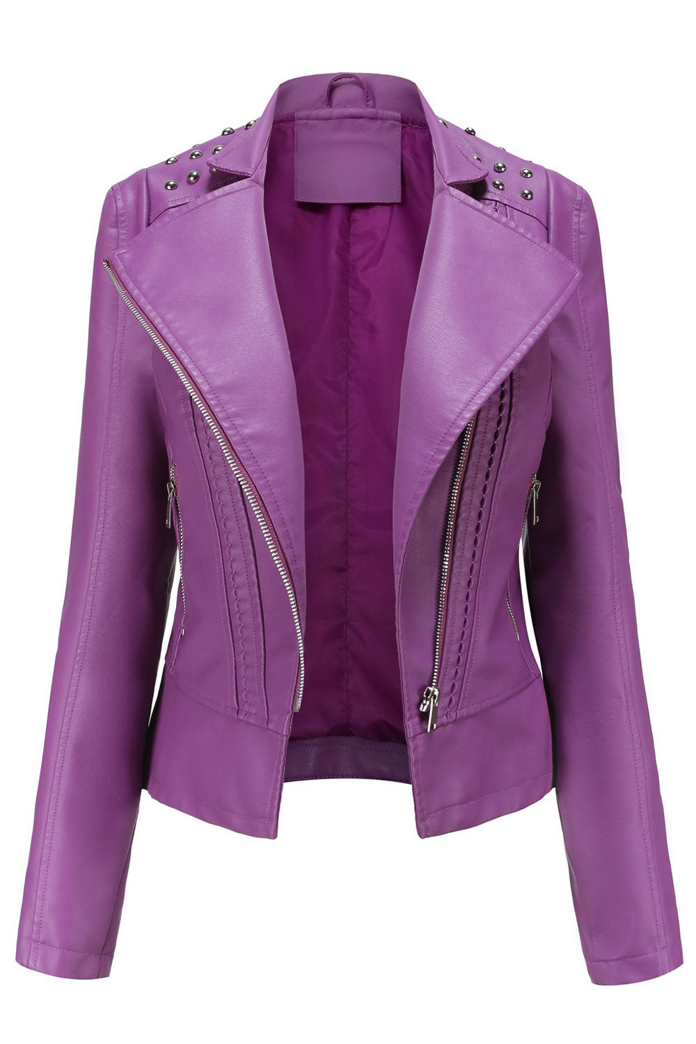 Women Modern Style Lapel Collar Long Sleeves & Oblique Zip Fastener Soothing Winter Leather Jacket