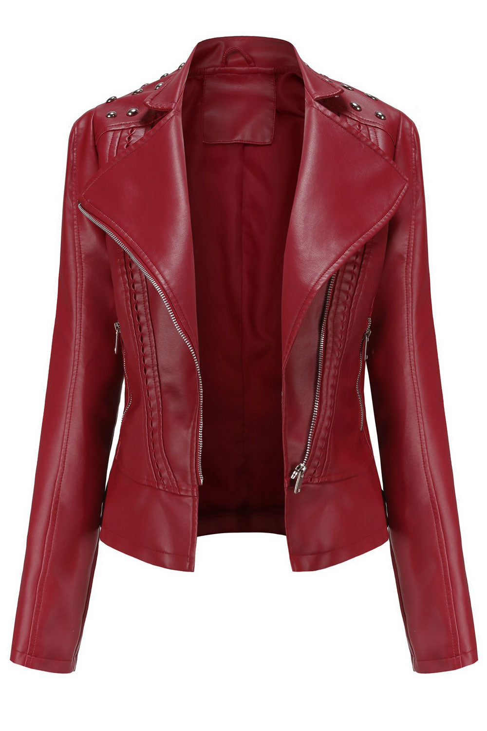 Women Modern Style Lapel Collar Long Sleeves & Oblique Zip Fastener Soothing Winter Leather Jacket