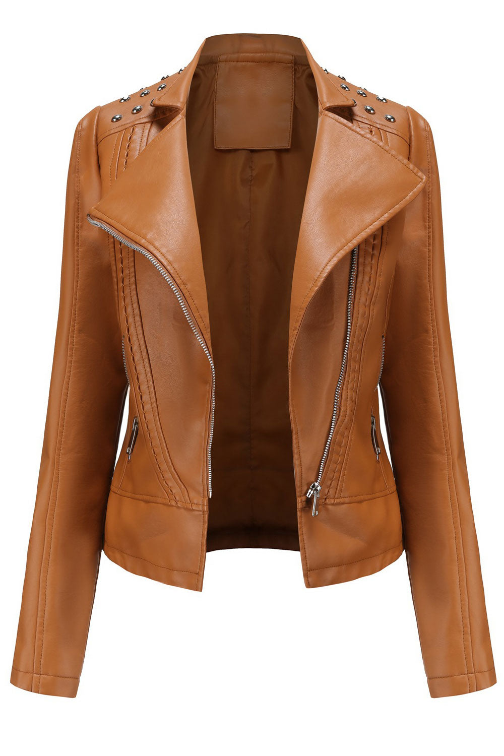 Women Modern Style Lapel Collar Long Sleeves & Oblique Zip Fastener Soothing Winter Leather Jacket