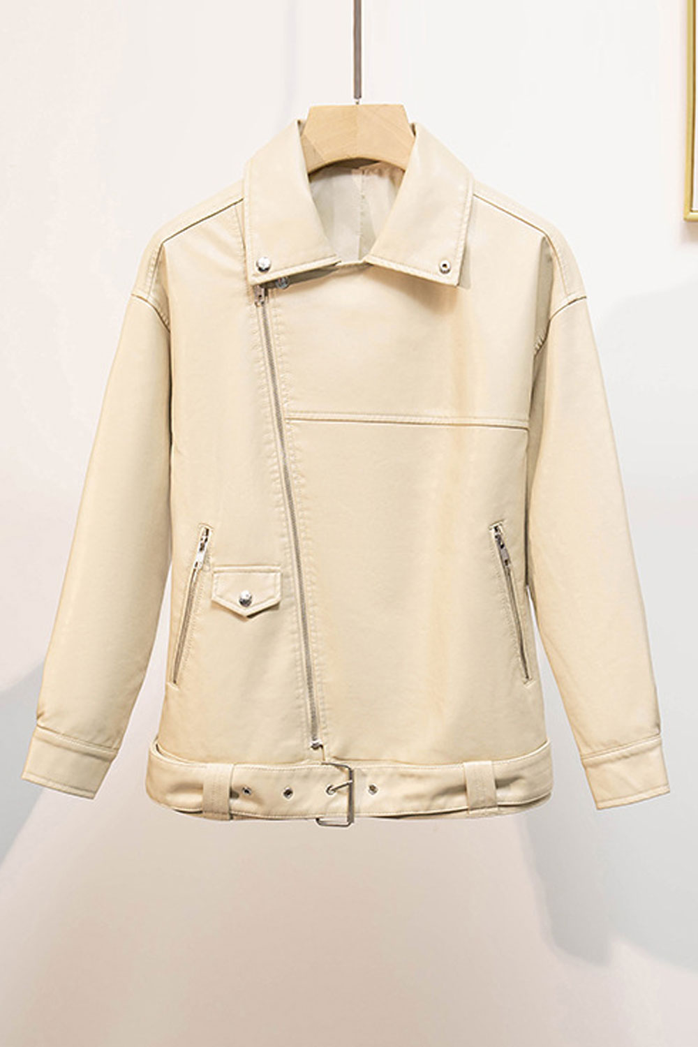 Women Superbly Design Cross Zip Closure Collar Neck Adjustable Waist Belt Suitable Winter Leather Jacket