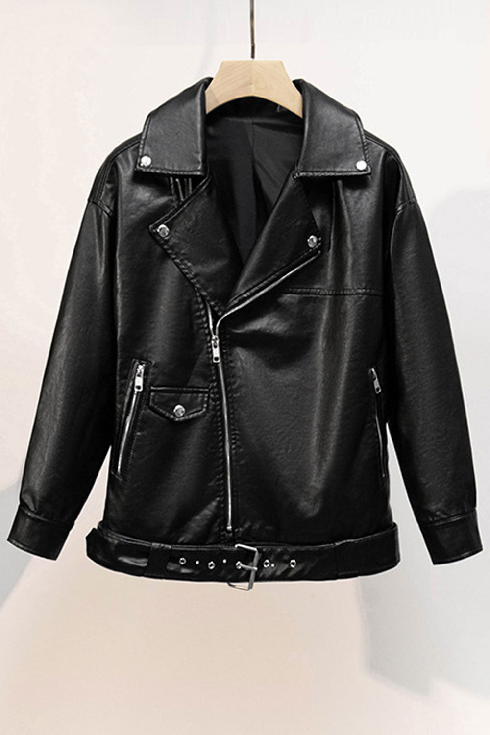 Women Superbly Design Cross Zip Closure Collar Neck Adjustable Waist Belt Suitable Winter Leather Jacket
