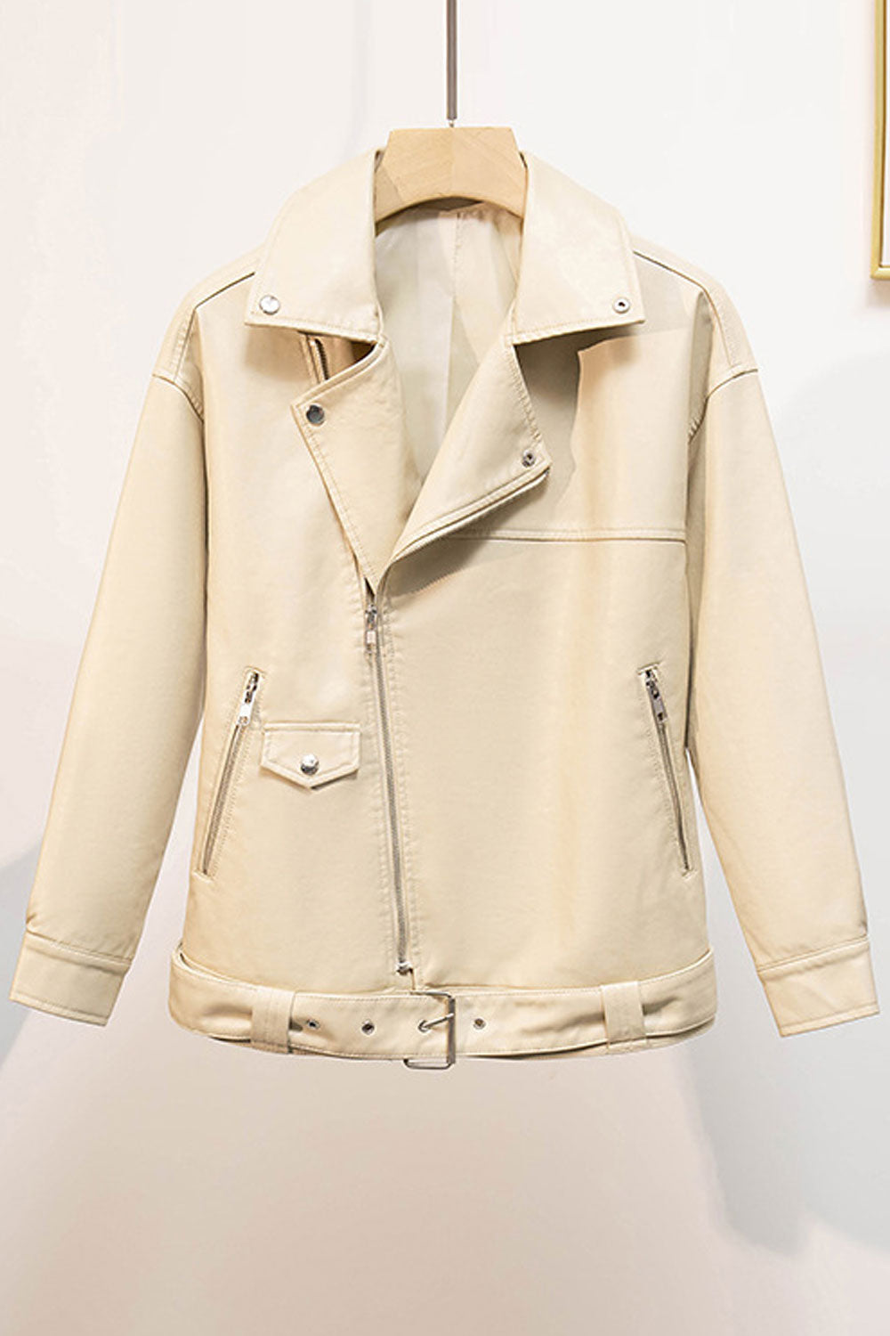 Women Superbly Design Cross Zip Closure Collar Neck Adjustable Waist Belt Suitable Winter Leather Jacket