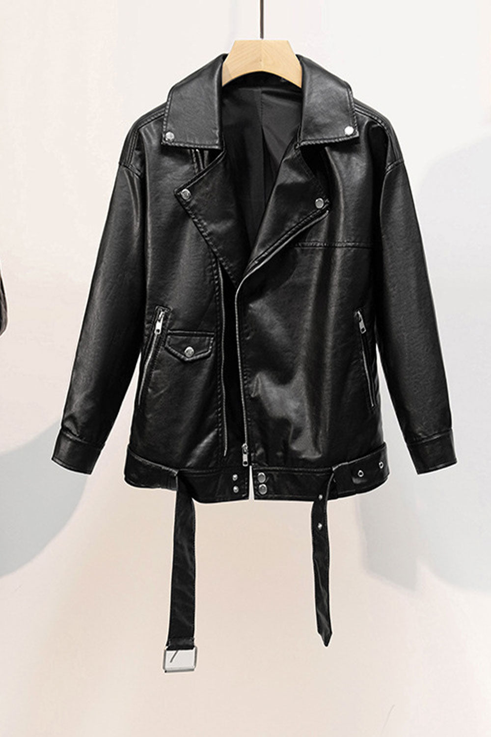 Women Superbly Design Cross Zip Closure Collar Neck Adjustable Waist Belt Suitable Winter Leather Jacket