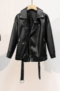 Women Superbly Design Cross Zip Closure Collar Neck Adjustable Waist Belt Suitable Winter Leather Jacket