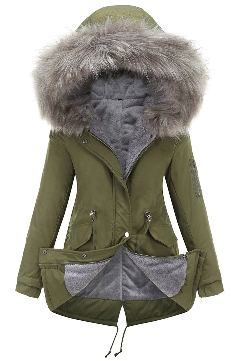 Women Captive Cozy Hooded Neck Buttoned Cuff Drawstring Waist Back Draw cord & Flap Pocket Soothing Winter Padded Jacket