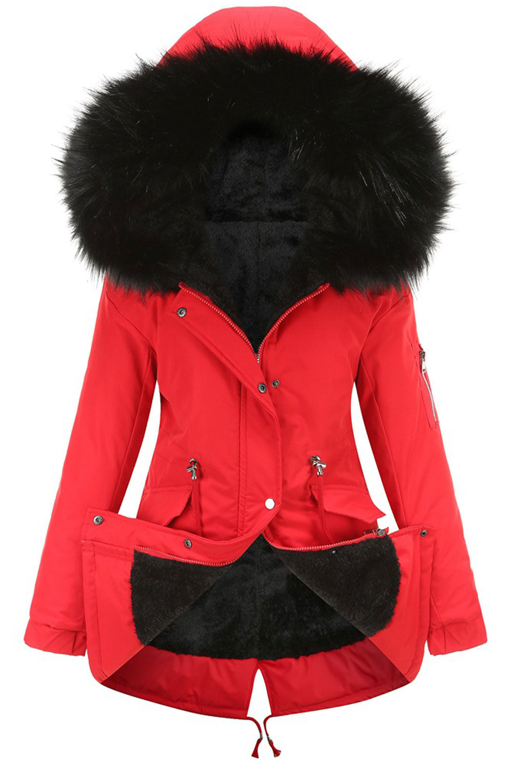 Women Captive Cozy Hooded Neck Buttoned Cuff Drawstring Waist Back Draw cord & Flap Pocket Soothing Winter Padded Jacket