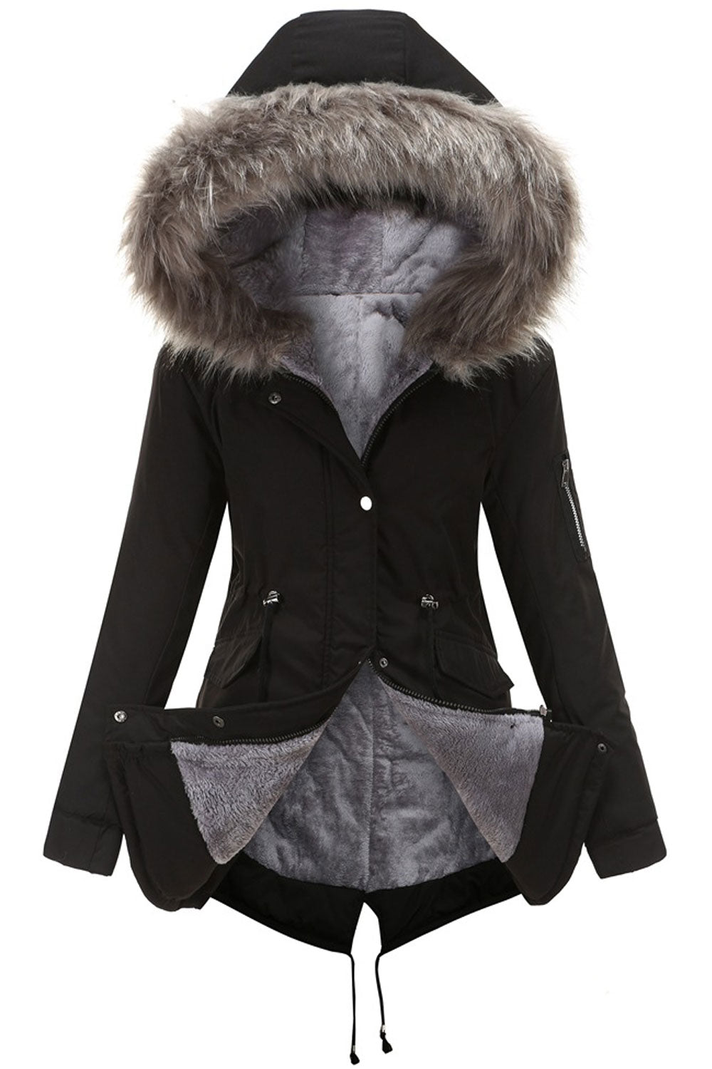 Women Captive Cozy Hooded Neck Buttoned Cuff Drawstring Waist Back Draw cord & Flap Pocket Soothing Winter Padded Jacket