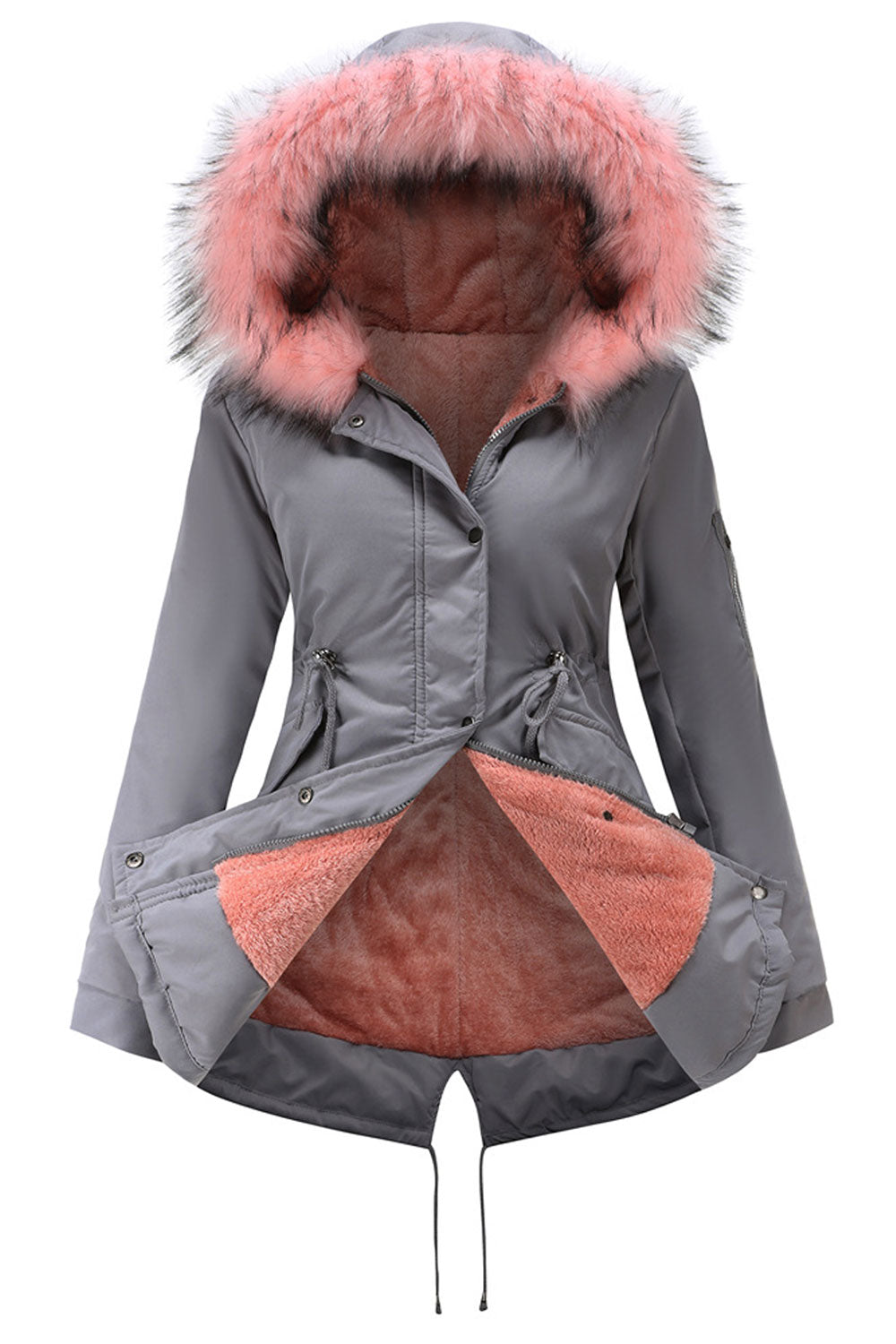 Women Captive Cozy Hooded Neck Buttoned Cuff Drawstring Waist Back Draw cord & Flap Pocket Soothing Winter Padded Jacket