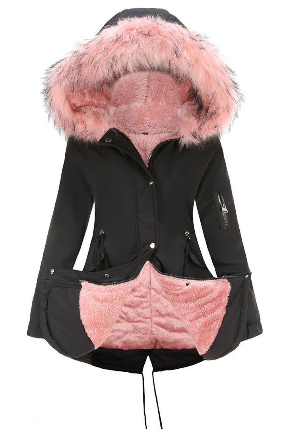 Women Captive Cozy Hooded Neck Buttoned Cuff Drawstring Waist Back Draw cord & Flap Pocket Soothing Winter Padded Jacket