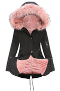 Women Captive Cozy Hooded Neck Buttoned Cuff Drawstring Waist Back Draw cord & Flap Pocket Soothing Winter Padded Jacket