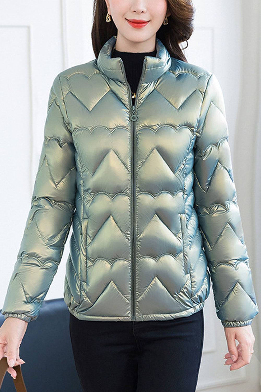Women Radiant Stand Collar Neck Stretchable Cuff & Hem Inseam Pocket & Front Fastener Body Fit Thick Winter Padded Jacket