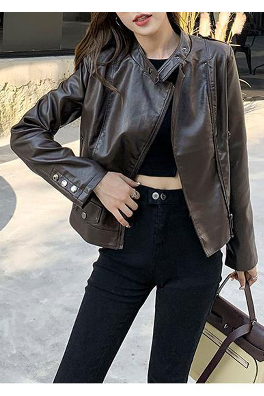 Women Charming Stand Collar Neck Side Zip Fastener Long Sleeves & Side Straight Zippered Pocket Winter Leather Jacket
