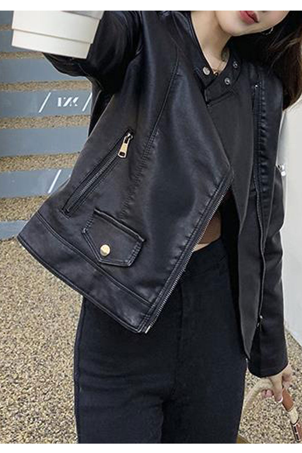 Women Charming Stand Collar Neck Side Zip Fastener Long Sleeves & Side Straight Zippered Pocket Winter Leather Jacket