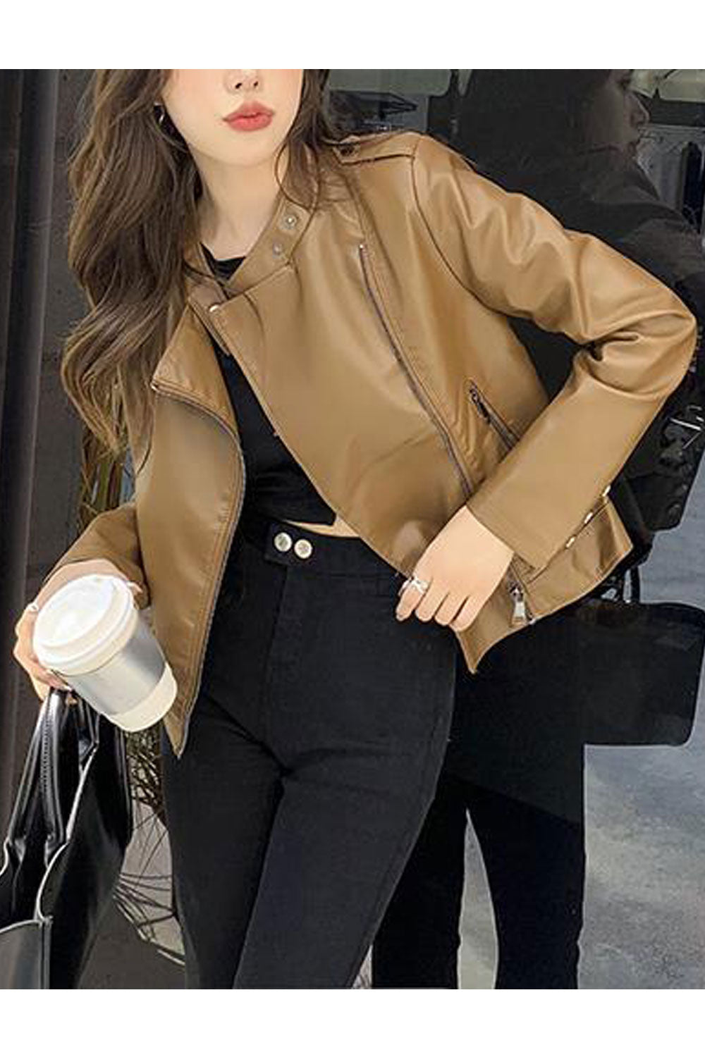 Women Charming Stand Collar Neck Side Zip Fastener Long Sleeves & Side Straight Zippered Pocket Winter Leather Jacket