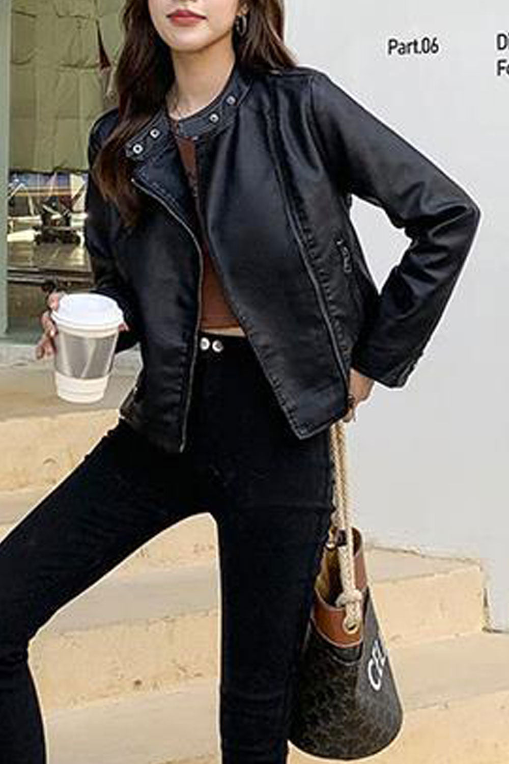 Women Charming Stand Collar Neck Side Zip Fastener Long Sleeves & Side Straight Zippered Pocket Winter Leather Jacket