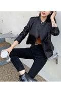 Women Charming Stand Collar Neck Side Zip Fastener Long Sleeves & Side Straight Zippered Pocket Winter Leather Jacket