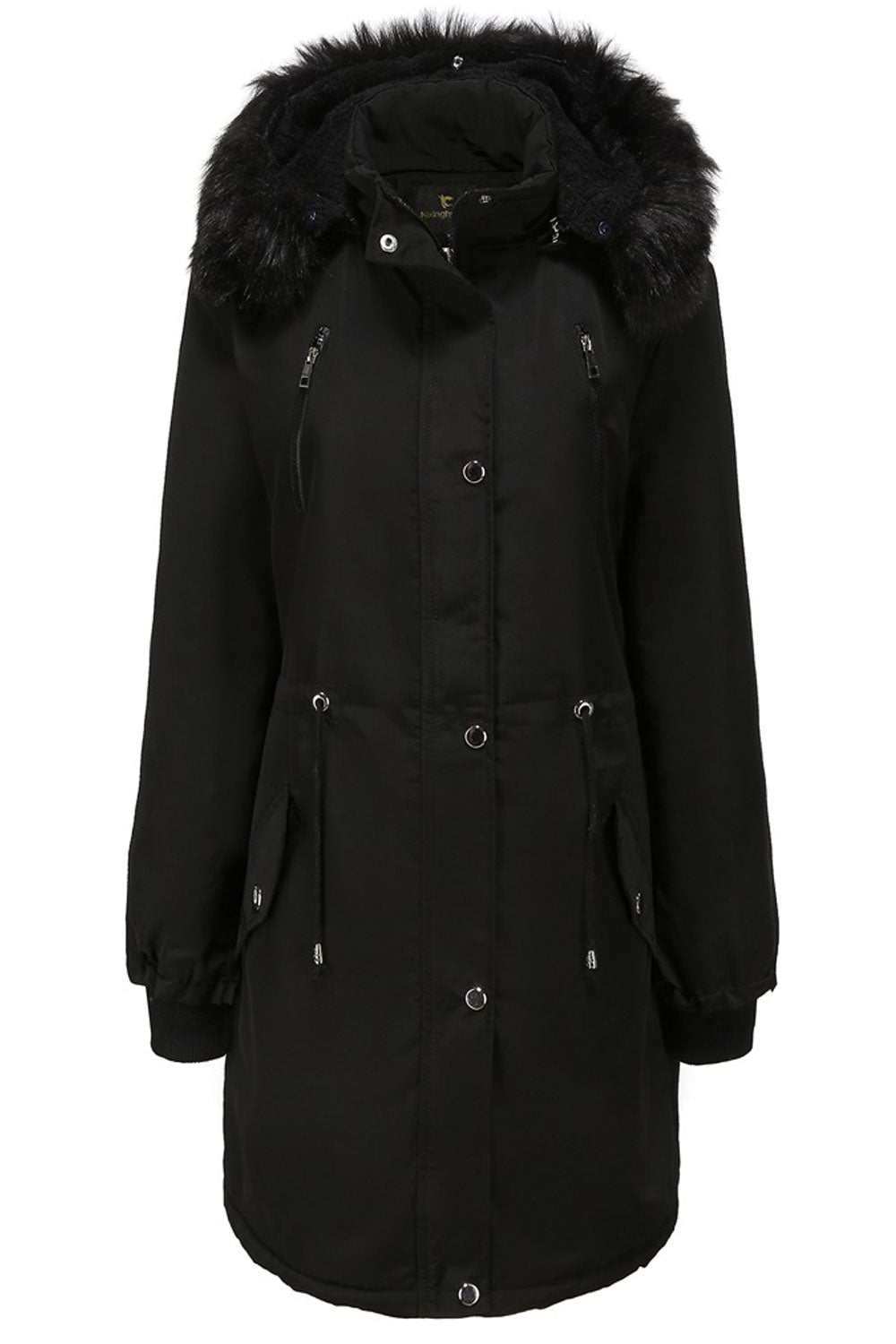 Women Modish Cozy Hooded Neck Knitted Ribbed Cuff Front Buttoned Fastener Side Flap Pocket Mid- Length Dilute Winter Padded Jack