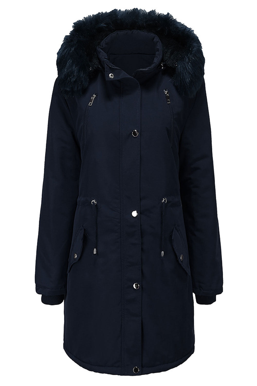 Women Modish Cozy Hooded Neck Knitted Ribbed Cuff Front Buttoned Fastener Side Flap Pocket Mid- Length Dilute Winter Padded Jack
