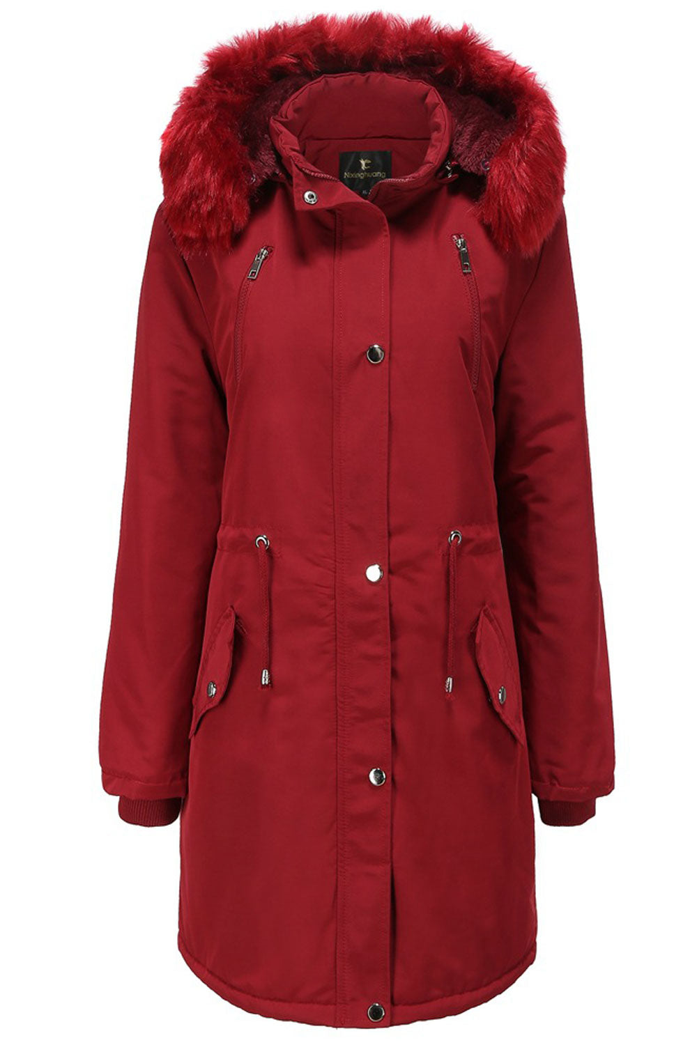 Women Modish Cozy Hooded Neck Knitted Ribbed Cuff Front Buttoned Fastener Side Flap Pocket Mid- Length Dilute Winter Padded Jack