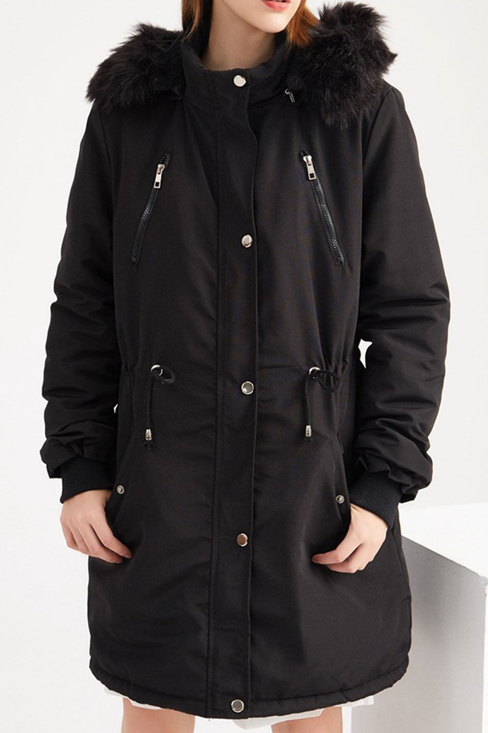 Women Modish Cozy Hooded Neck Knitted Ribbed Cuff Front Buttoned Fastener Side Flap Pocket Mid- Length Dilute Winter Padded Jack