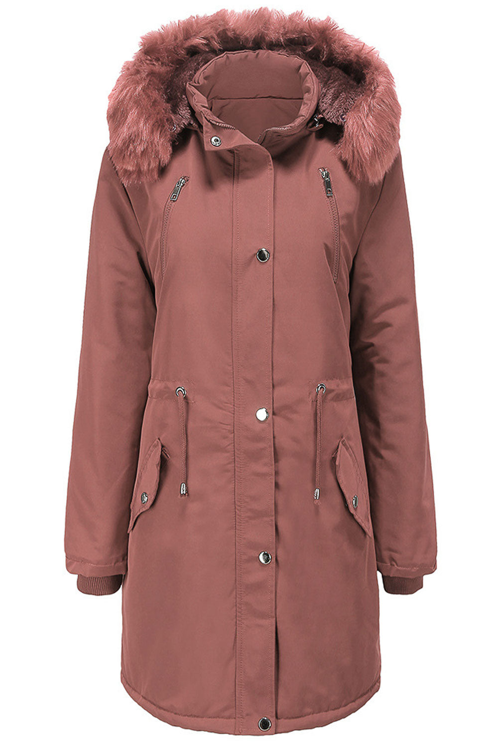 Women Modish Cozy Hooded Neck Knitted Ribbed Cuff Front Buttoned Fastener Side Flap Pocket Mid- Length Dilute Winter Padded Jack