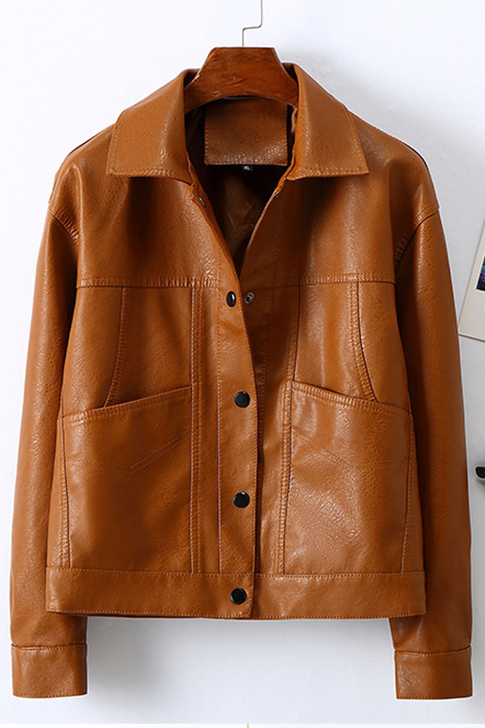 Women Admirable Lapel Collar Neck Cross Zipper Fastener Side Zip Pocket Winter Leather Jacket