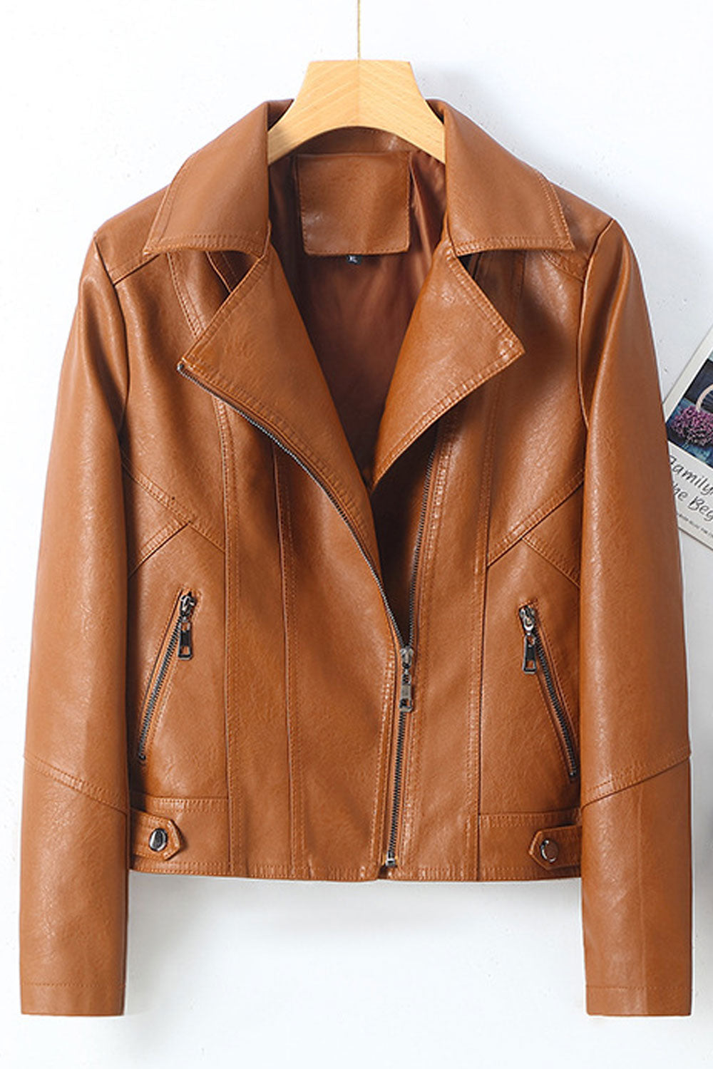Women Admirable Lapel Collar Neck Cross Zipper Fastener Side Zip Pocket Winter Leather Jacket