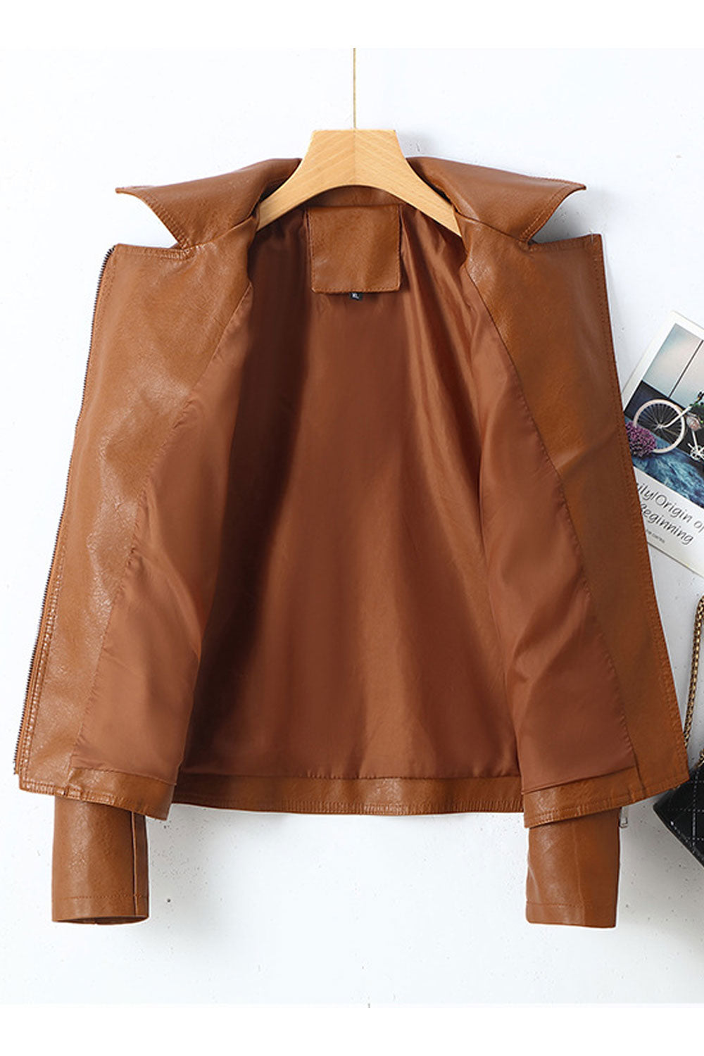 Women Admirable Lapel Collar Neck Cross Zipper Fastener Side Zip Pocket Winter Leather Jacket