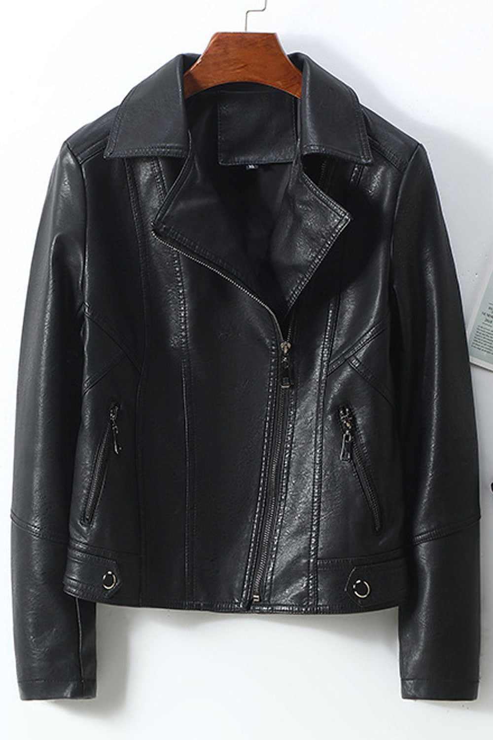 Women Admirable Lapel Collar Neck Cross Zipper Fastener Side Zip Pocket Winter Leather Jacket
