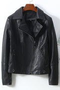 Women Admirable Lapel Collar Neck Cross Zipper Fastener Side Zip Pocket Winter Leather Jacket