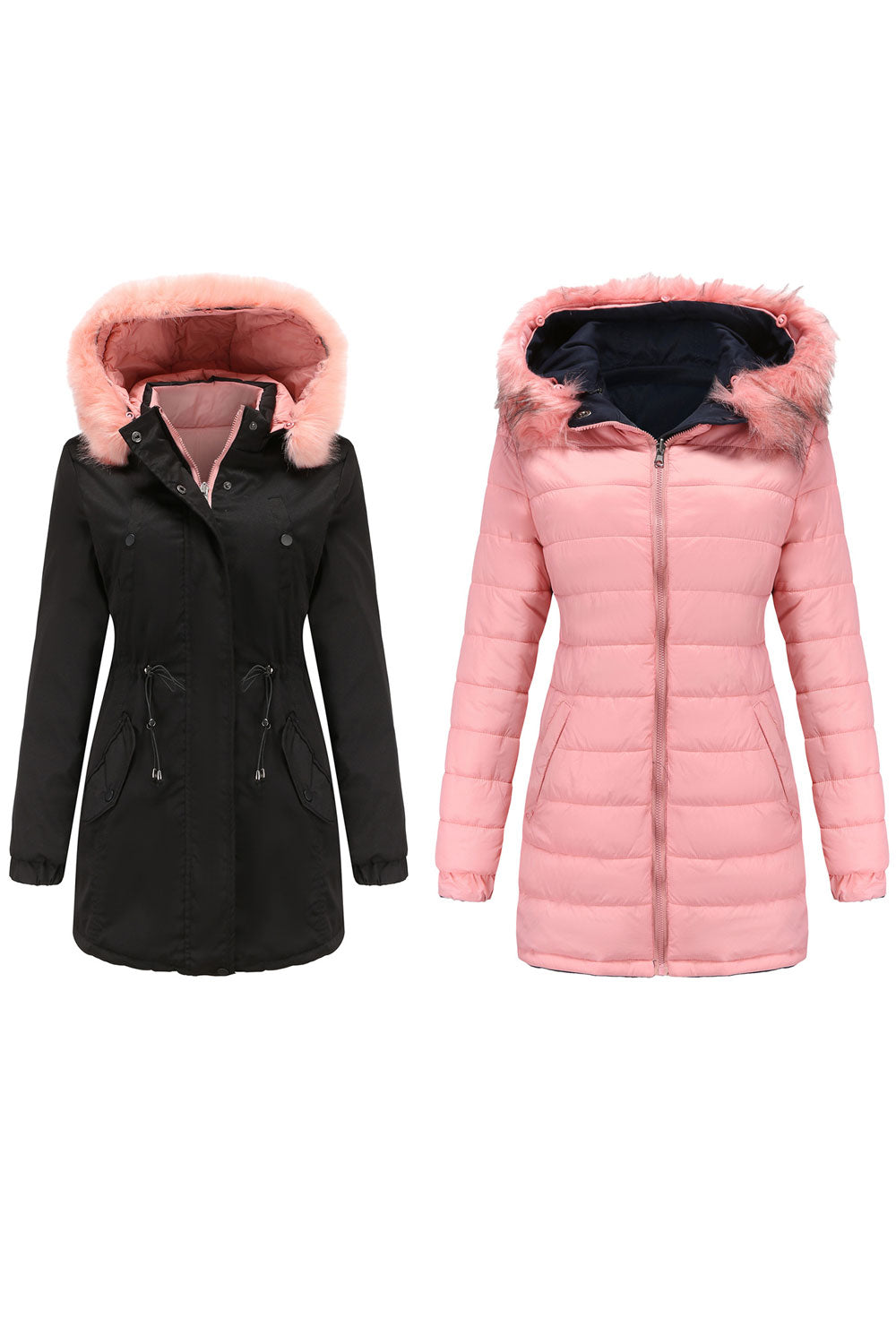 Women Heart- Melting Cozy Hooded Neck Stretchable Cuff Side Pockets Drawstring Waist Mid -legth Fluffy Winter Padded Jacket