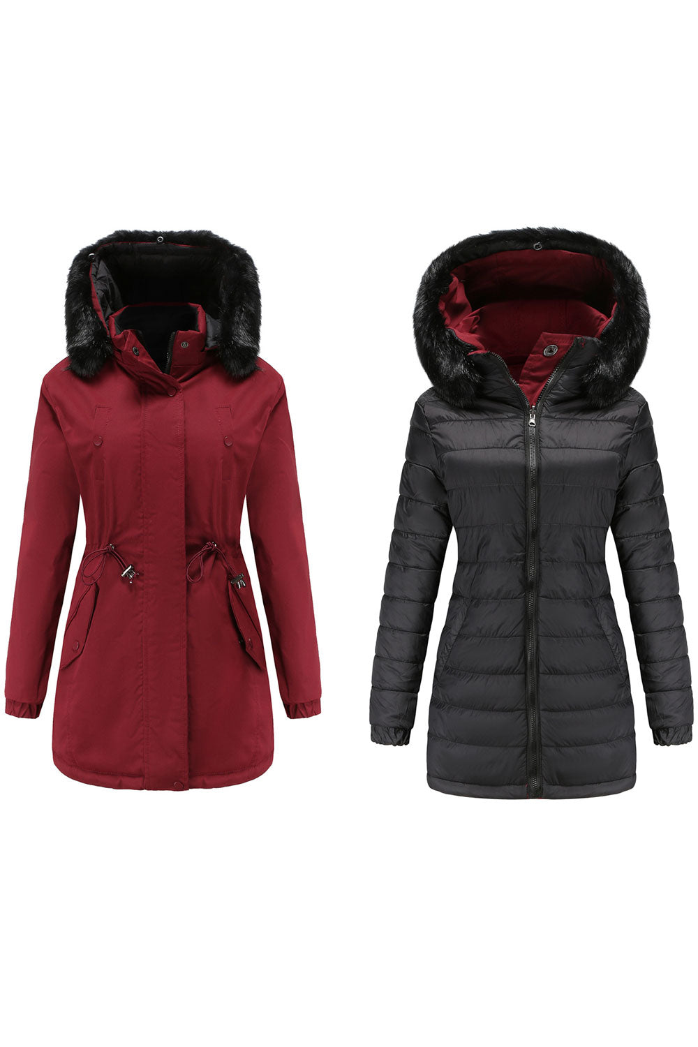 Women Heart- Melting Cozy Hooded Neck Stretchable Cuff Side Pockets Drawstring Waist Mid -legth Fluffy Winter Padded Jacket