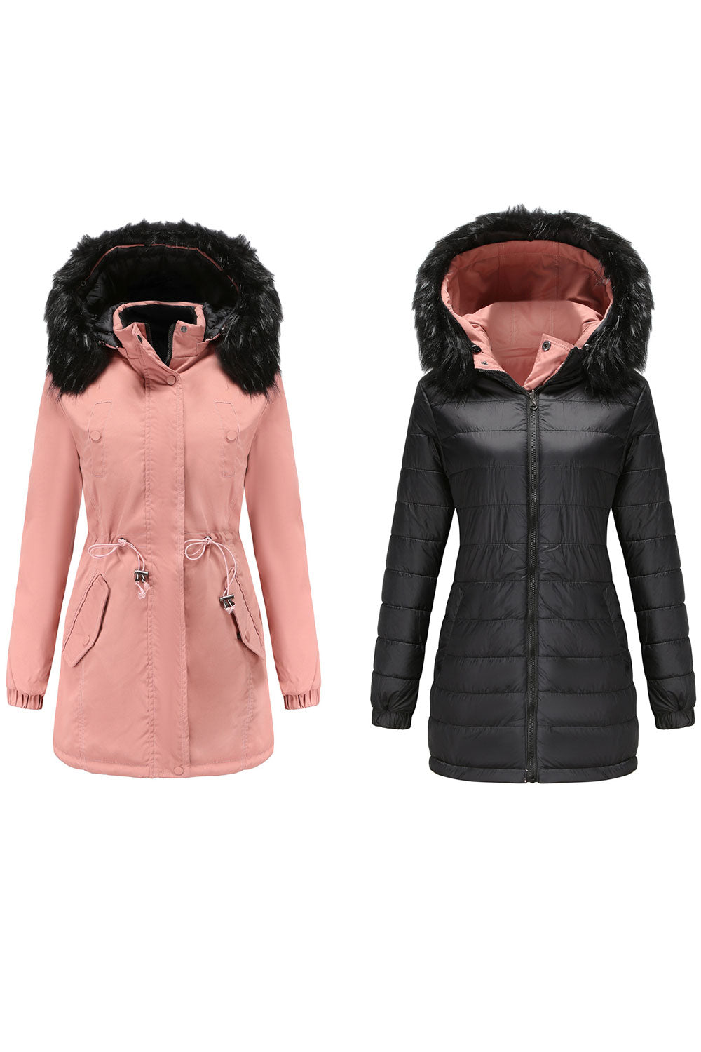 Women Heart- Melting Cozy Hooded Neck Stretchable Cuff Side Pockets Drawstring Waist Mid -legth Fluffy Winter Padded Jacket