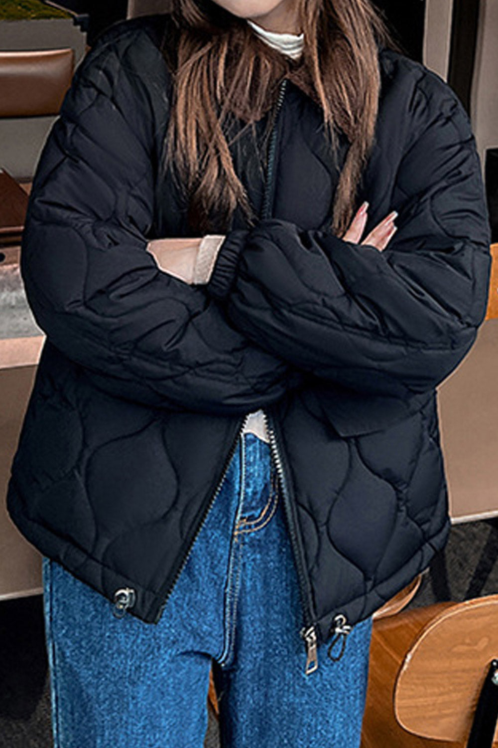 Women Heart melting Contrast Collar Neck Stretchable Cuff Flap Pocket Waist Draw Cord Short Winter Padded Jacket