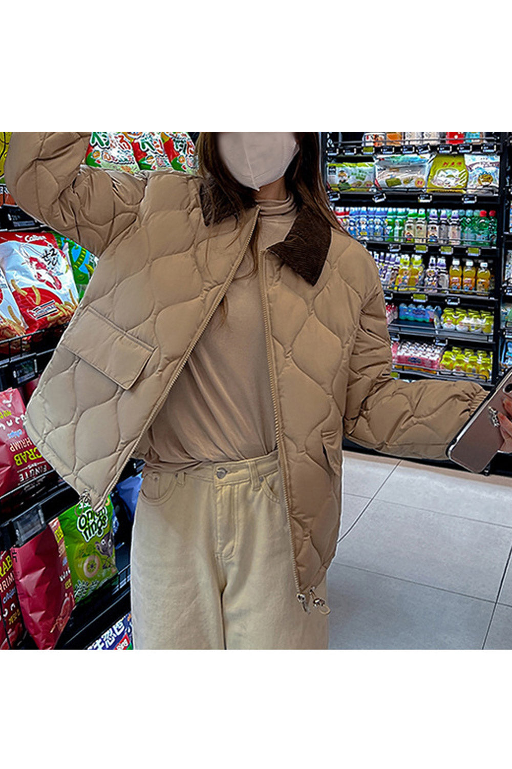 Women Heart melting Contrast Collar Neck Stretchable Cuff Flap Pocket Waist Draw Cord Short Winter Padded Jacket